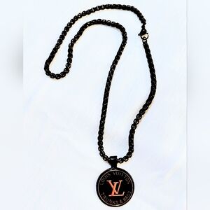 Upcycled Large L.V. Black and Gold Trunks & Bags Zipper Pull Logo Neclace